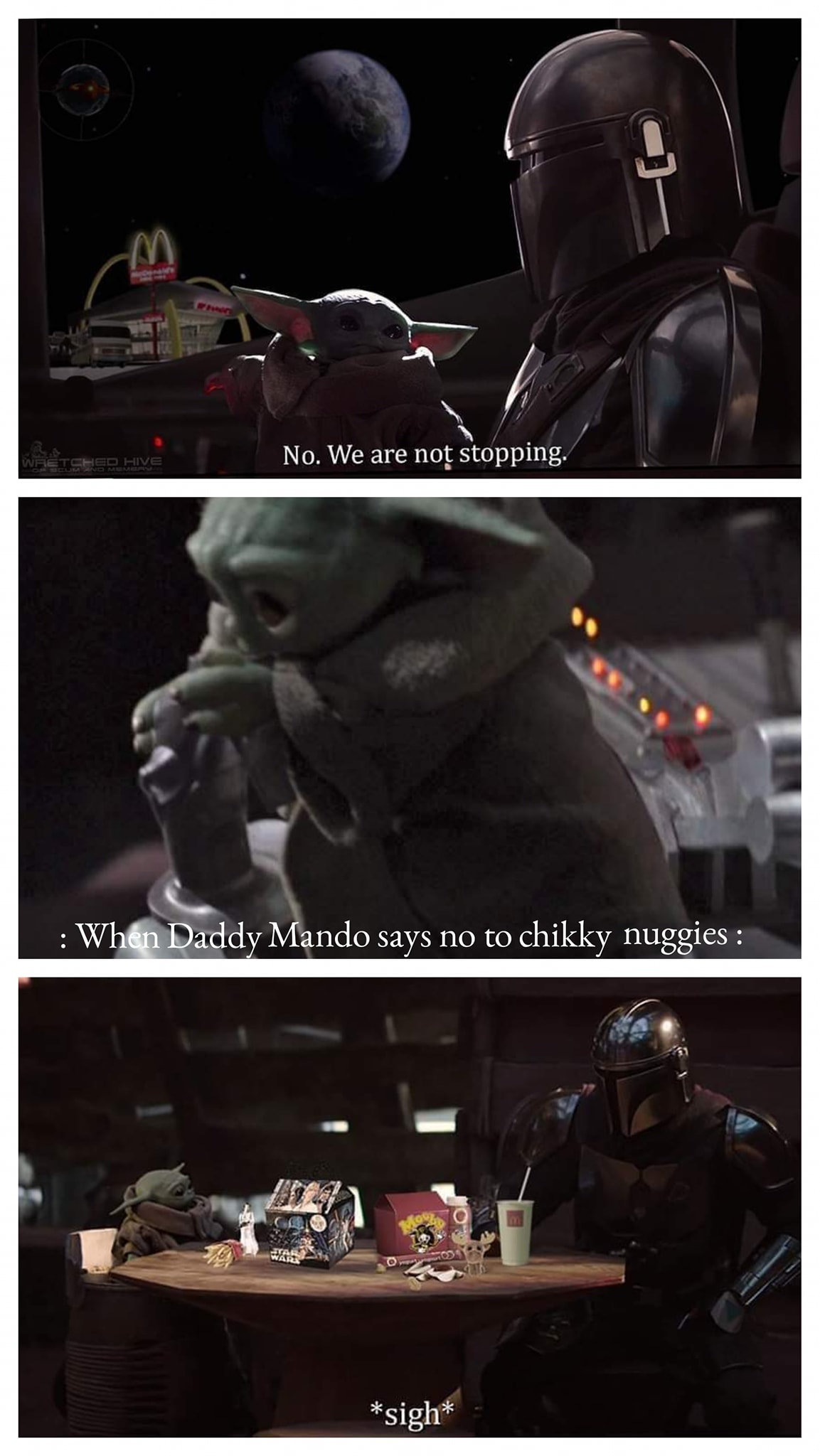 This meme is a humorous image of a character from the Star Wars franchise, specifically a young version of the character, saying "no" to a request for food. The text "In a galaxy far, far away..." is written above the image, and the character responds with "No. We are not going to Taco Bell. We are going to McDonald's."